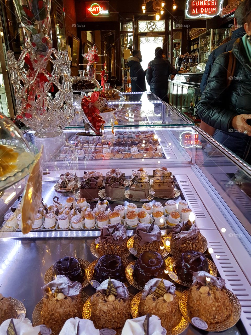 Coffee-pastry interior with showcase of sweet pastries