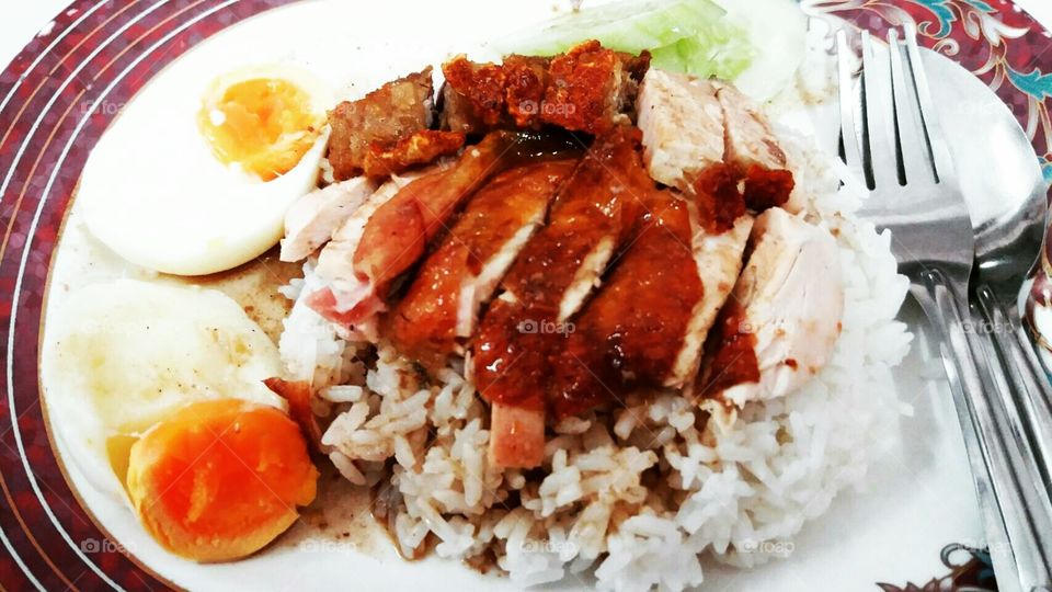 rice with roast chicken and fried pork and boiled egg
food