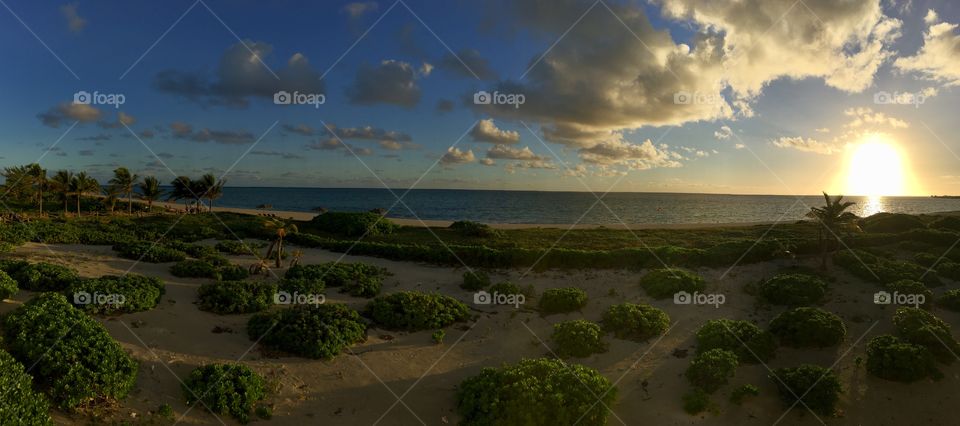 Panorama of an exotic beach with sunrise behind