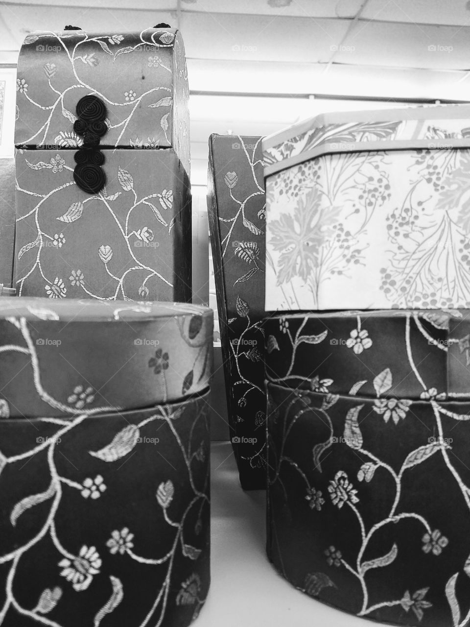 black and white floral boxes