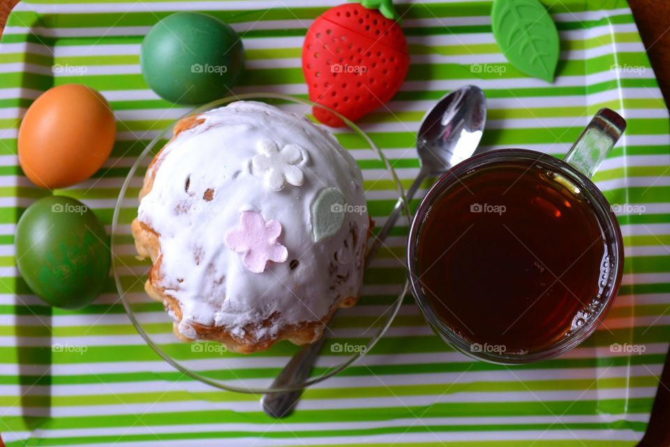 Elevated view of tea and cake