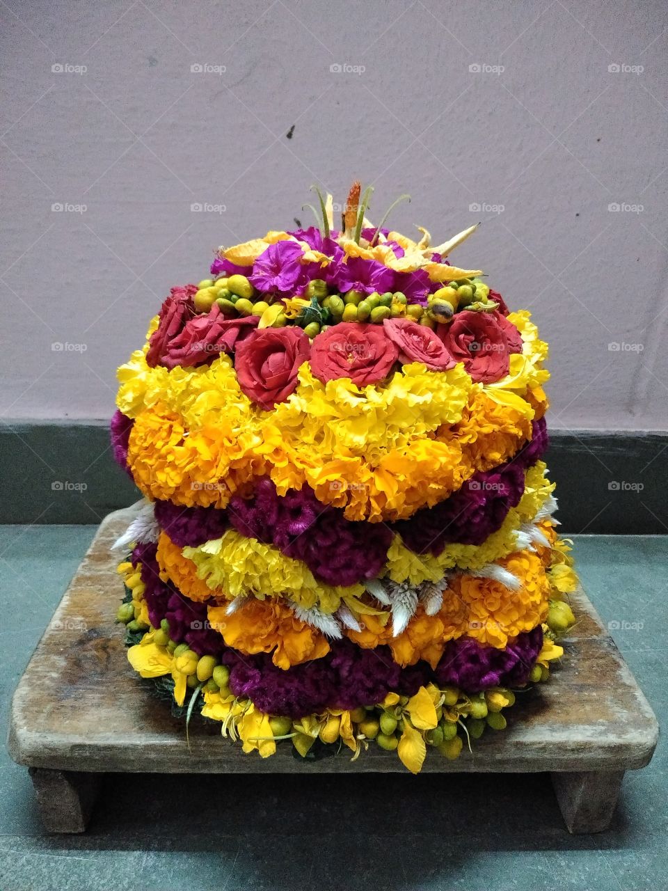 assorted flowers decoration for bathukamma festival in South India Telangana