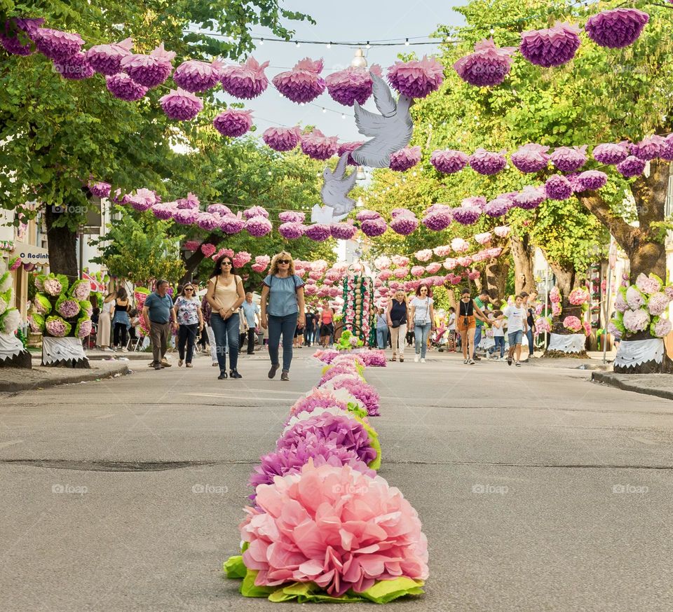 Decorated streets in the Portuguese city of Tomar during the height of summer.