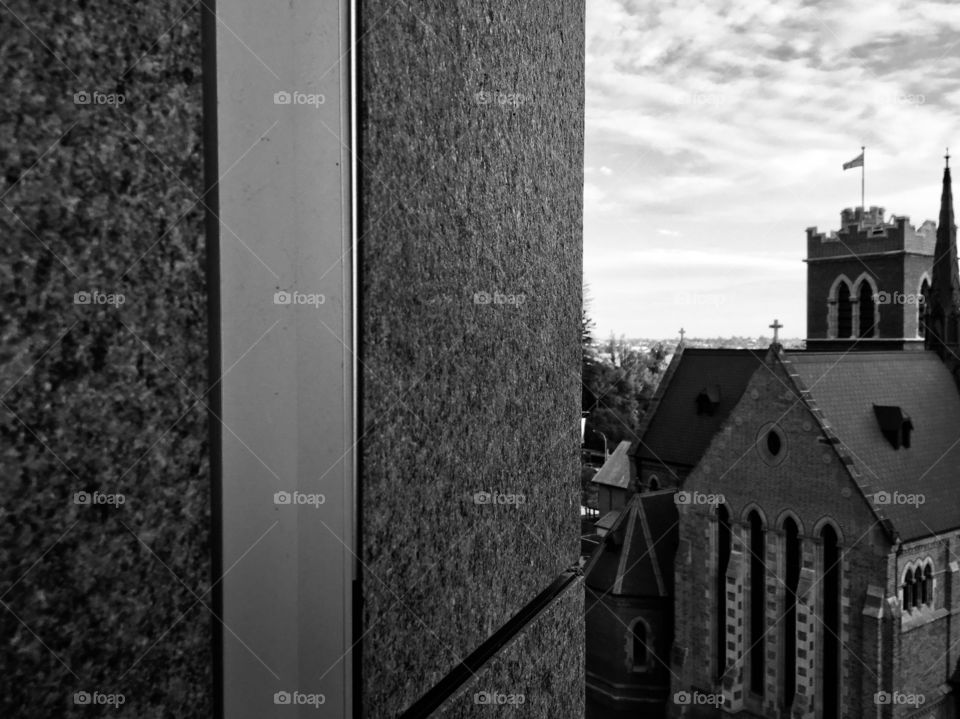 The view of cathedral from inside of building.- black and white.