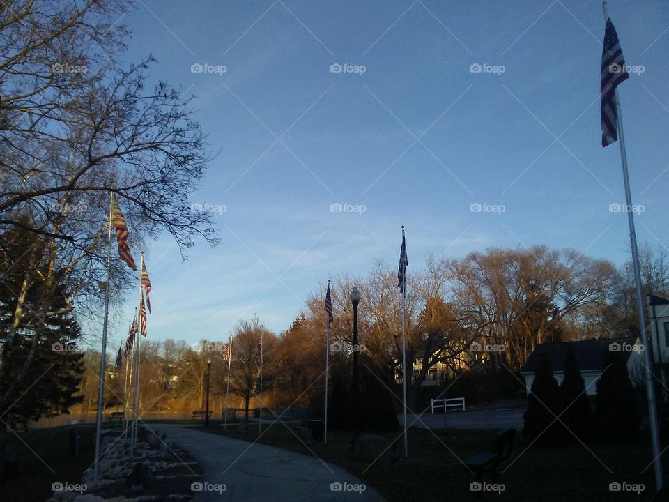 Veteran's Memorial Trail paying tribute to all serving in conflicts near the Plymouth Millpond Dam.