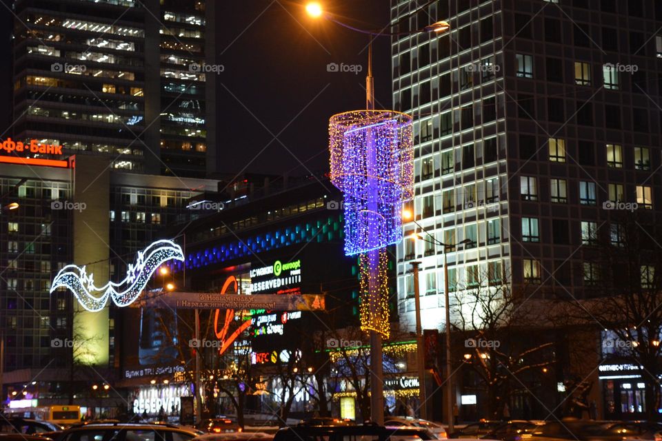 Christmas and New year holiday lights night city  view