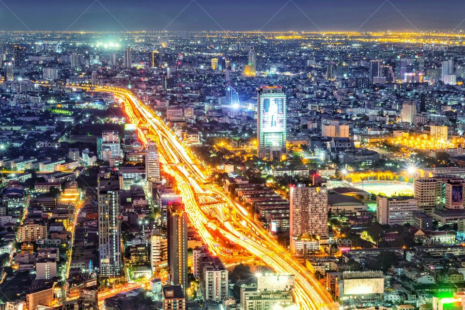 Thailand-February 14 2020:View of Beautiful vehicle light on express way from Baiyoke Tower in Bangkok
