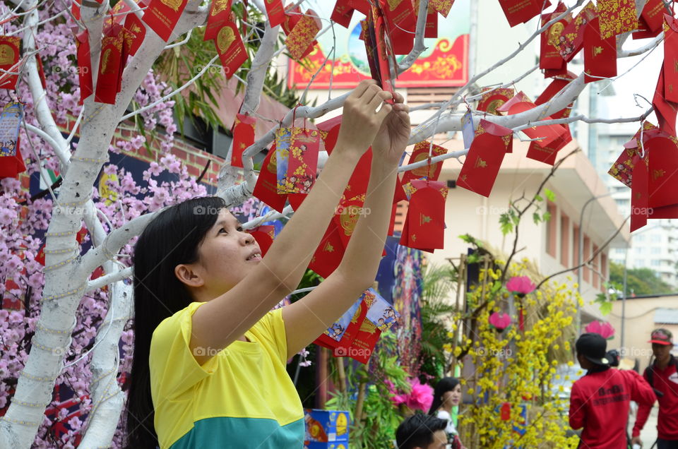 Girl hanging traditional red wishing envelopes on tree