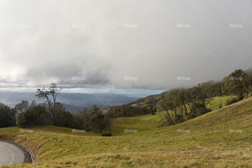 Fog rolling over a hill during spring