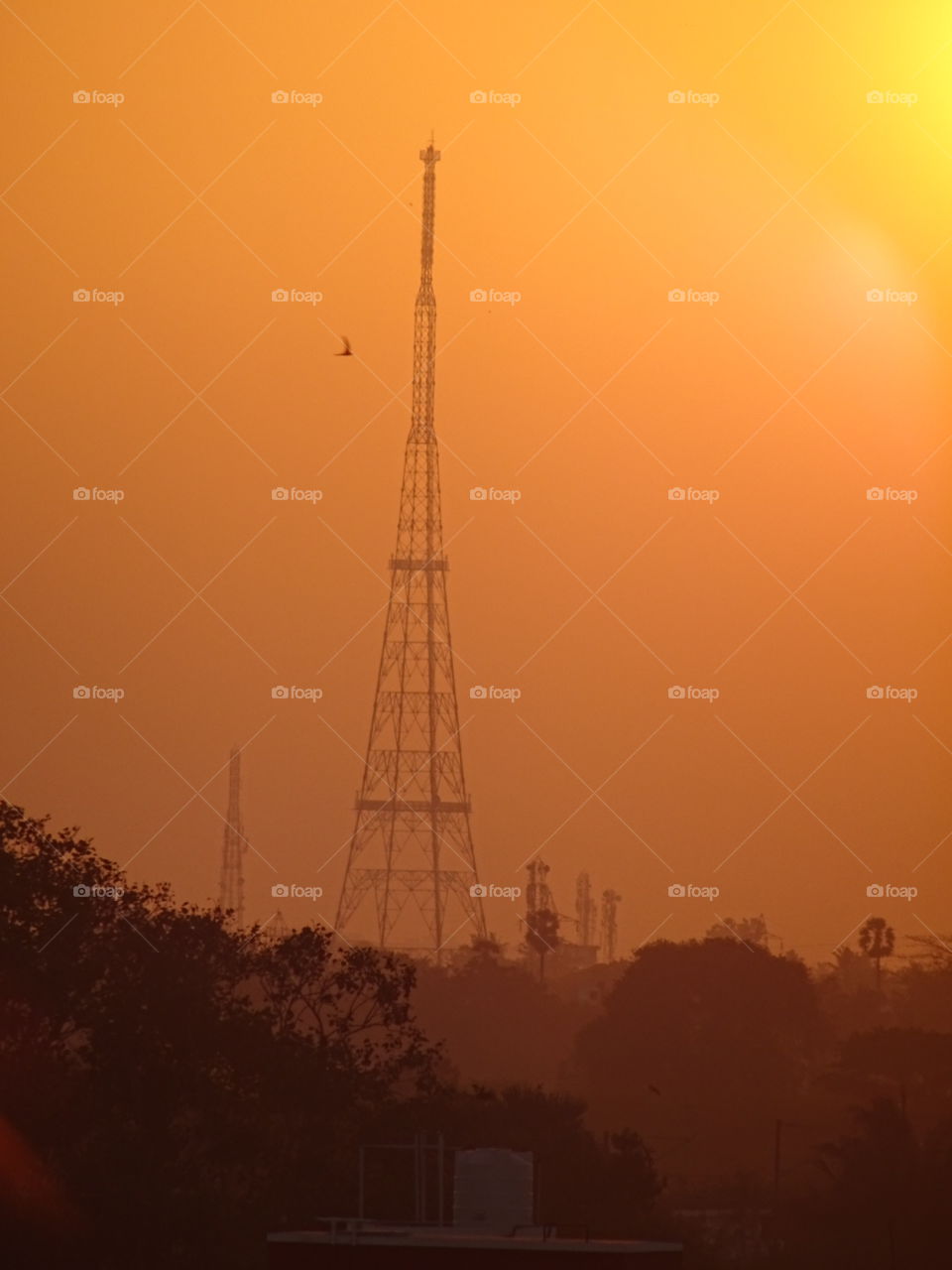 Sunset, Tower, Sky, Silhouette, Dawn