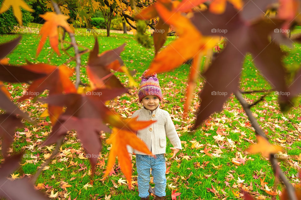 Little girl in park during autumn.