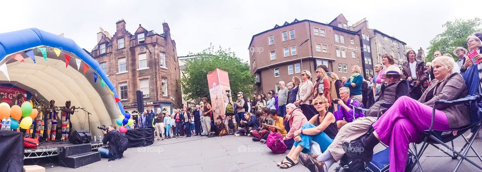 Large group of people watching concert at Jazz and Blues Music Festival 2016 on Grass street , Edinburgh , Scotland
