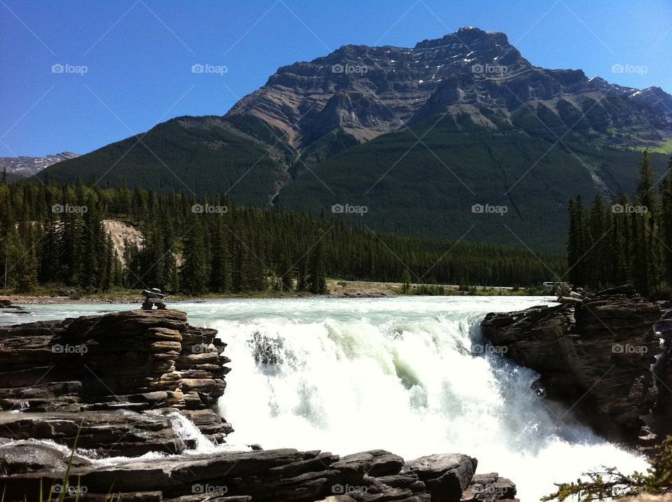 Beautiful waterfall and mountain landscape in Jasper 