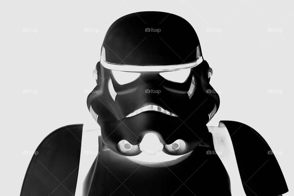 A black Star Wars Stormtrooper on a white background representing minorities, equality and race.