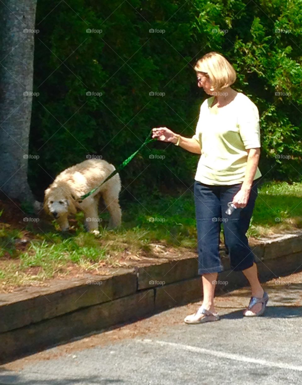 Senior citizen, Older woman walking Older dog.