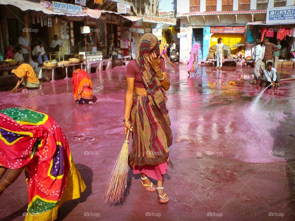 Post-Holi festival clean up. Pushkar, India. 