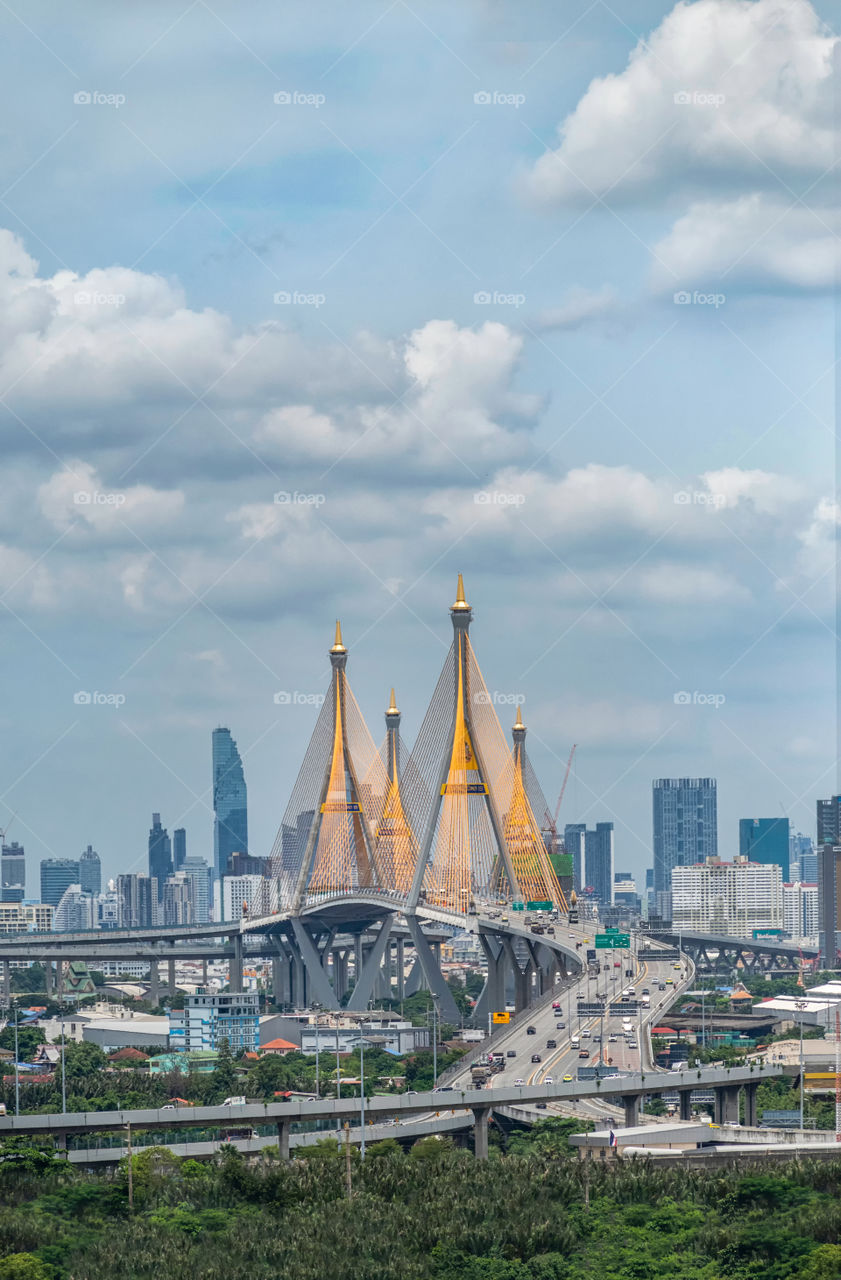 Beautiful scene of the famous landmark Bhumibol bridge in Bangkok Thailand