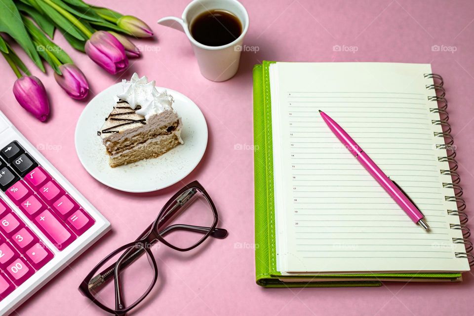 Flat lay composition cake and coffee 