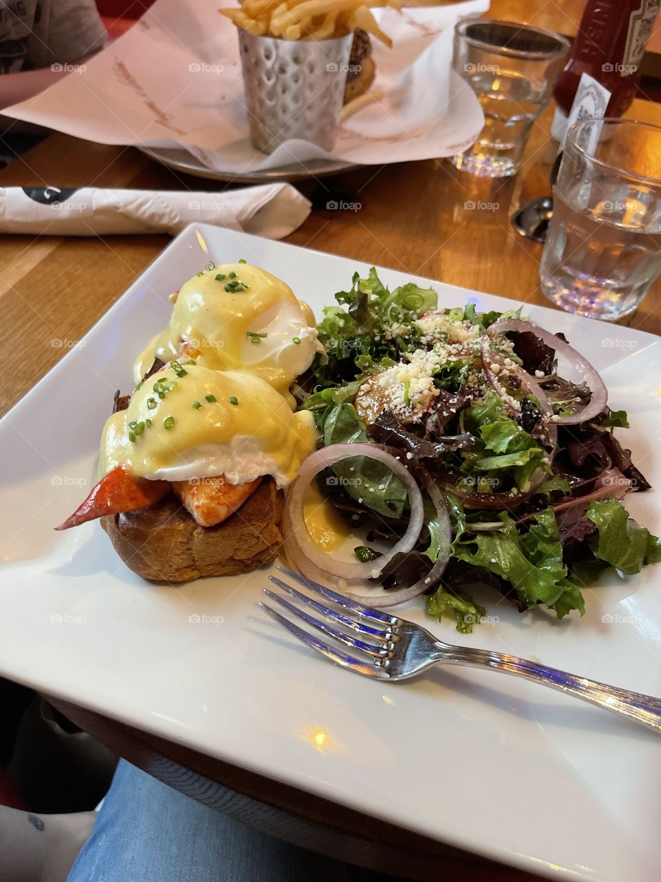 Eggs Benedict- with Lobster and a side salad. @ Burger and Lobster in NYC YUM! 