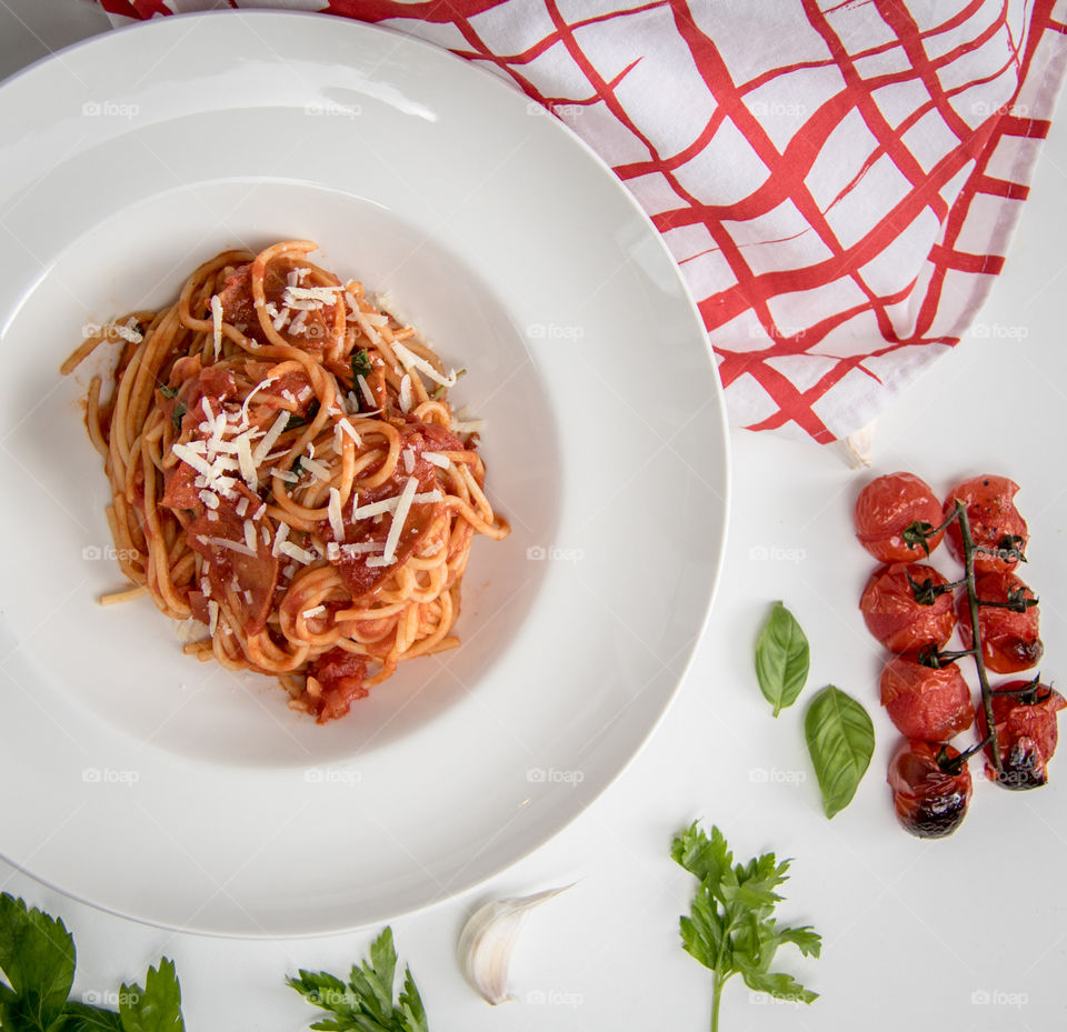 High angle view of spaghetti noodles