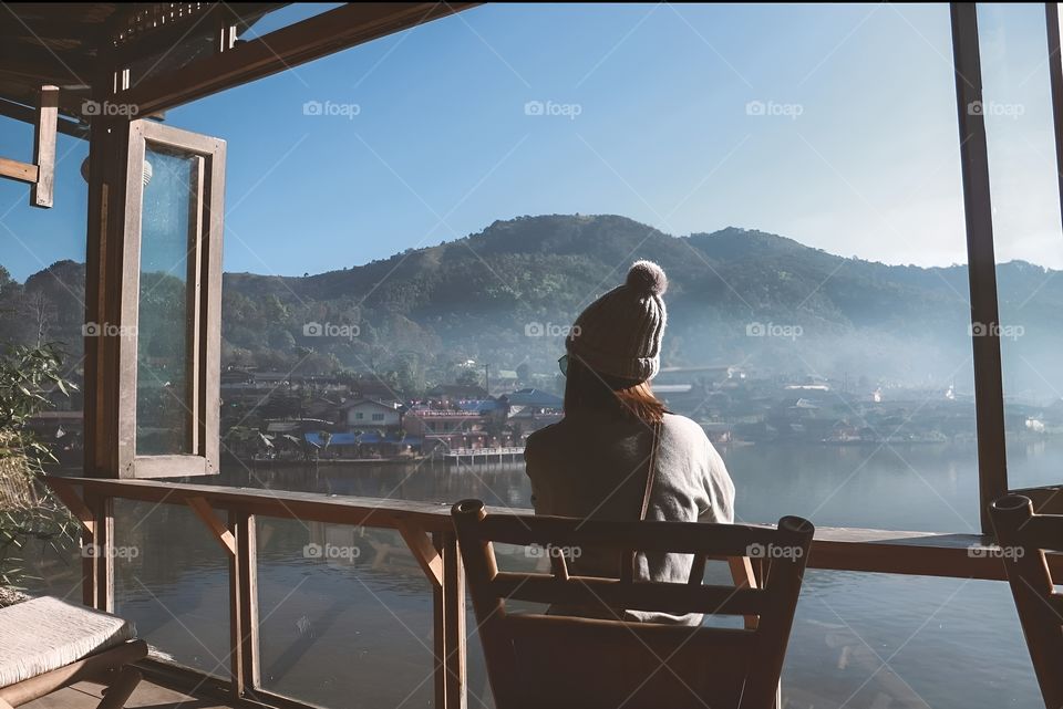 chilling see river view mountain and sunset