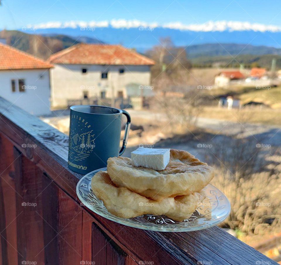 Yummy breakfast with a mountain view