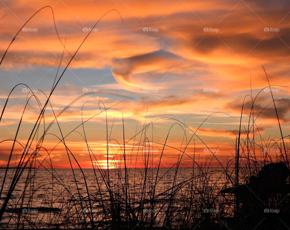 A Breathtaking descending sunset with picturesque peach colored Lenticular clouds over the Gulf of Mexico