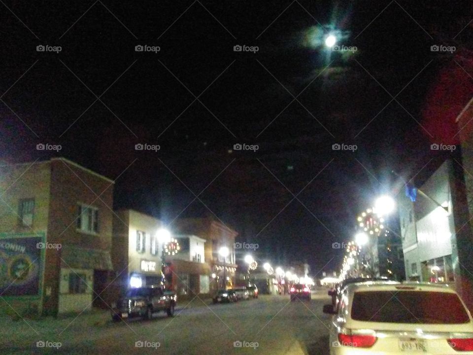 Full moon shining above downtown Plymouth this Christmas Eve 2018.