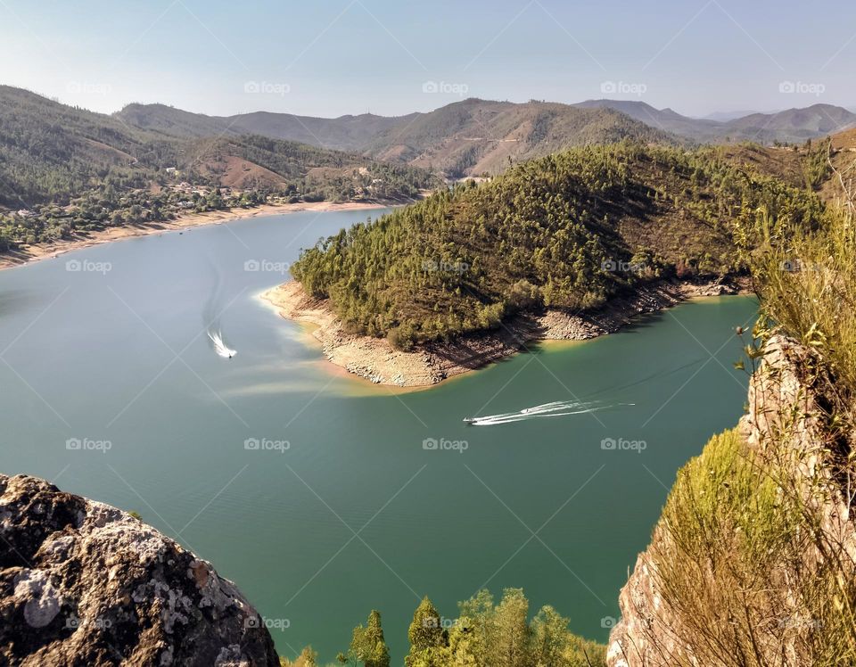 Looking across the Rio Zêzere at the mountainous landscape 