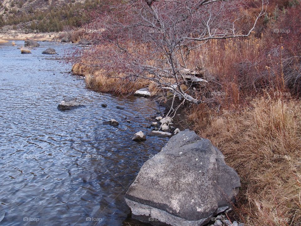 A large boulder on the banks of the Crooked River in a canyon in Central Oregon. 