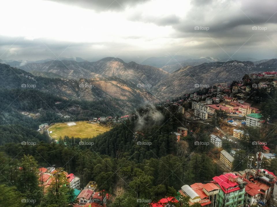 World Famous Beautiful Panoramic citscape of Shimla, The State Capital Of HIMACHAL PRADESH located a midest Himalayas of North India. Popularly known as Queen of Hills.