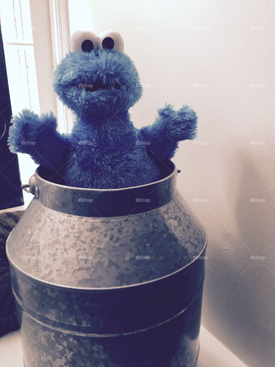 Cookie Monster stuffed in a hairy blue color with big eyes in an aluminum jug. 