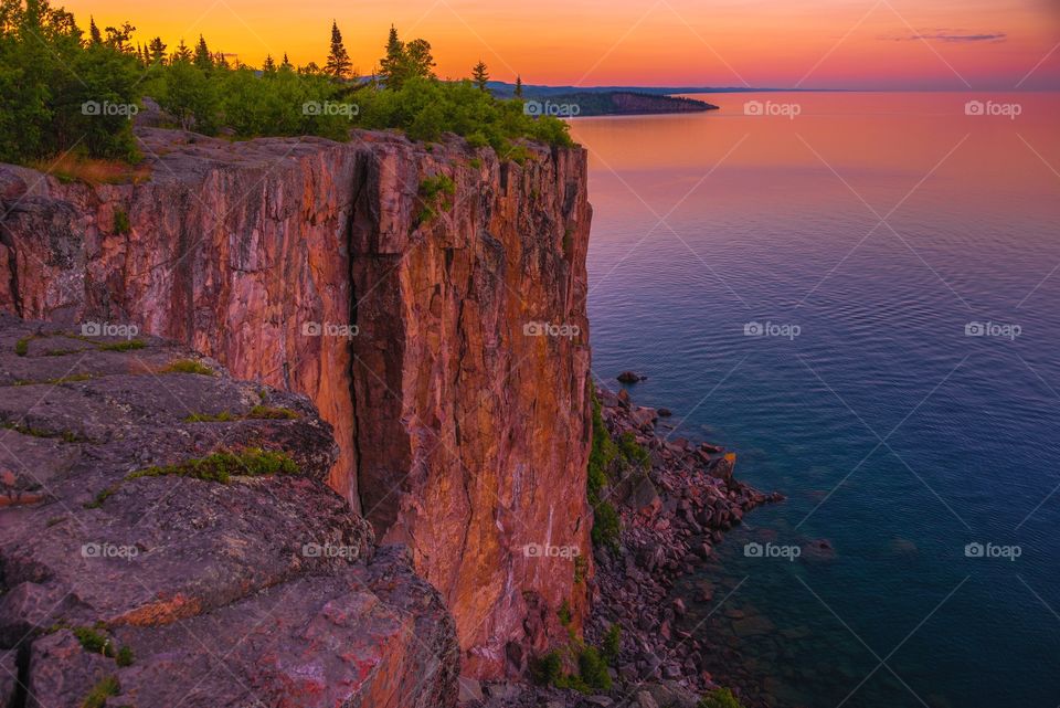 Sunset over Palisade Head on the North Shore of Lake Superior. Tettegouche State Park, Minnesota.