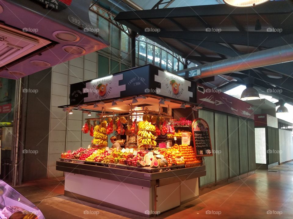 fruit and veggie stand at La Boqueria Market