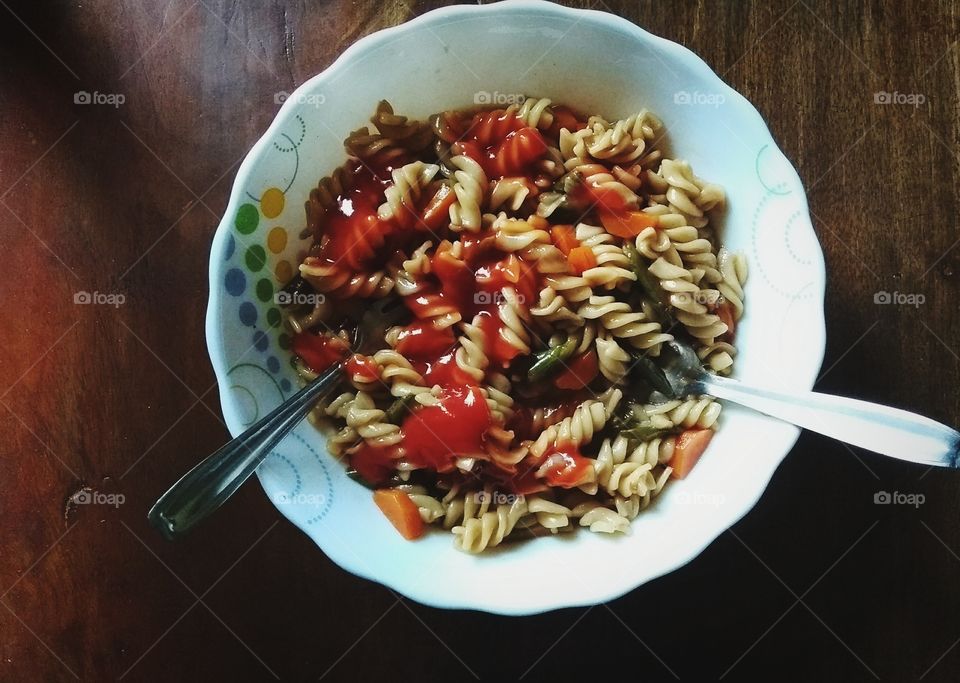 Delicious home made pasta with ketchup spread