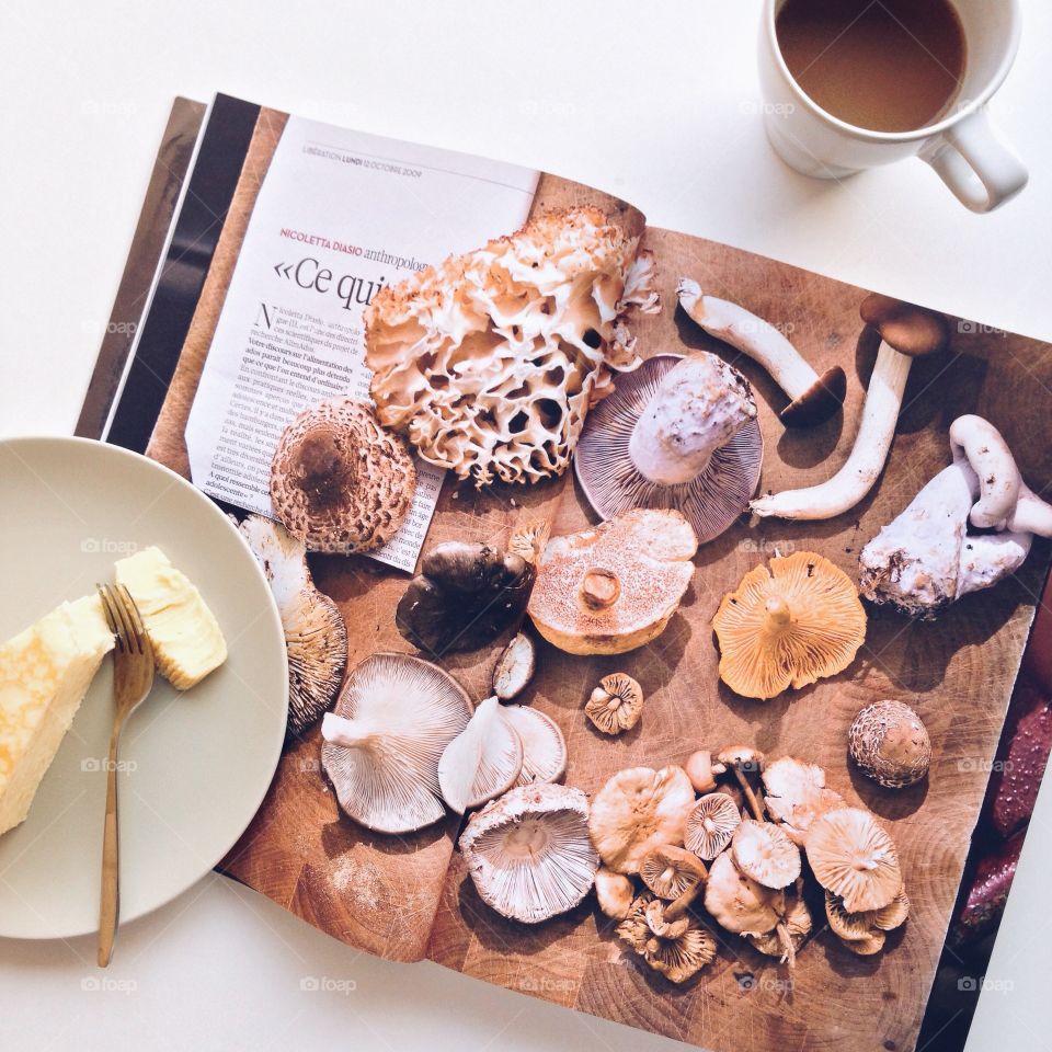 Break with cake and book. Take a break with vanilla crepe cake and coffee with mushroom book 