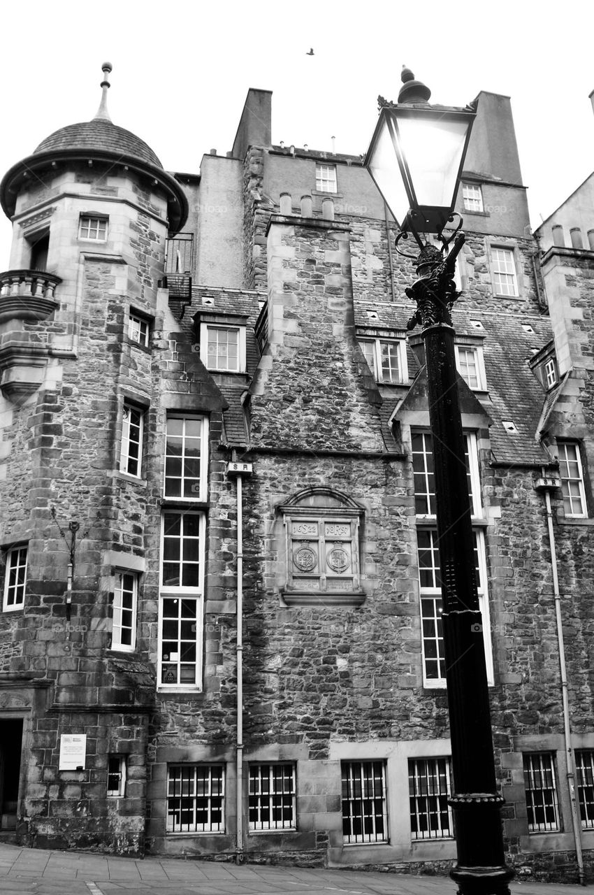 A black and white capture of the The Writers' Museum in Edinburgh, Scotland.