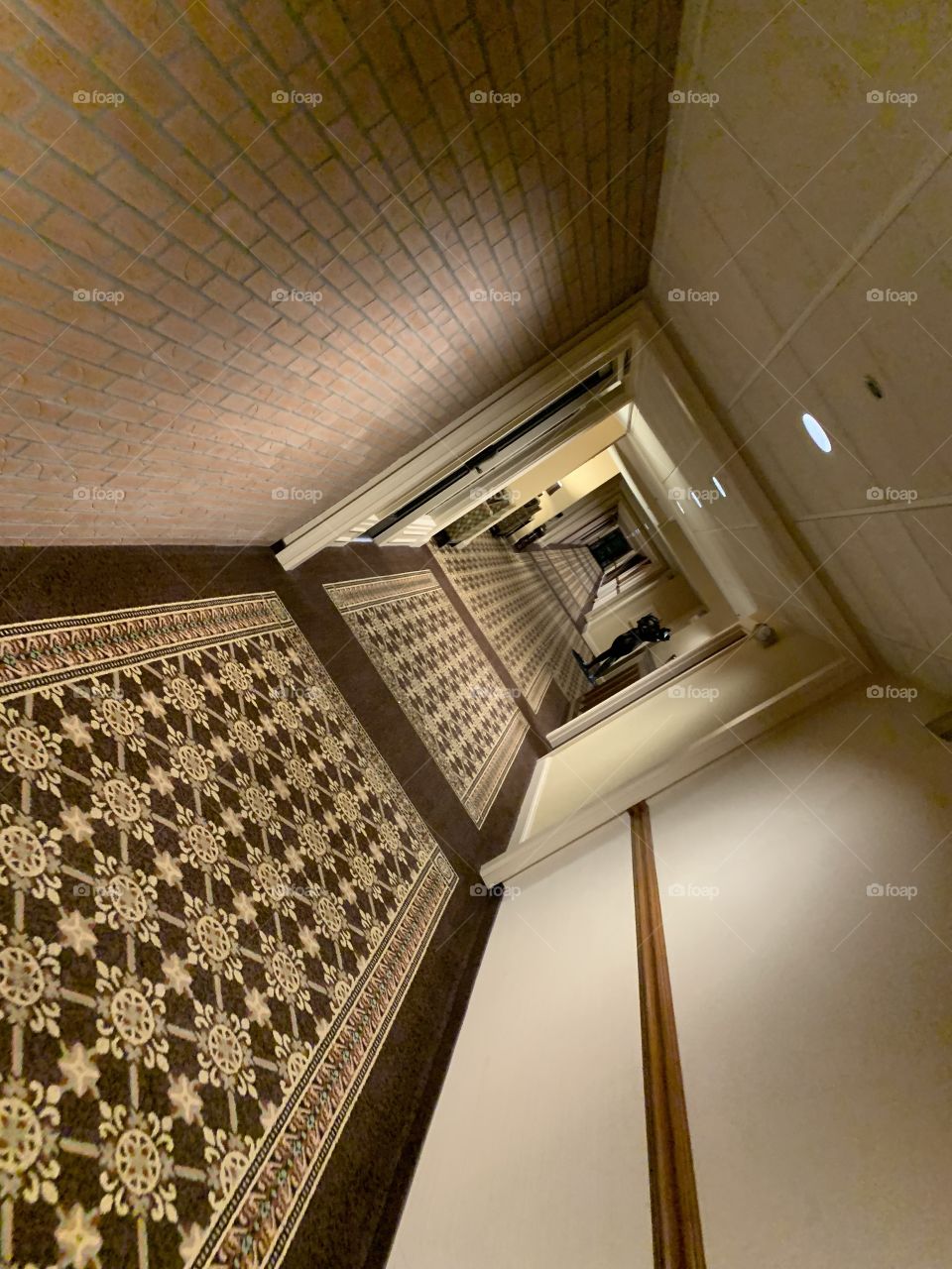 Tilted hotel hallway with brown themed carpet