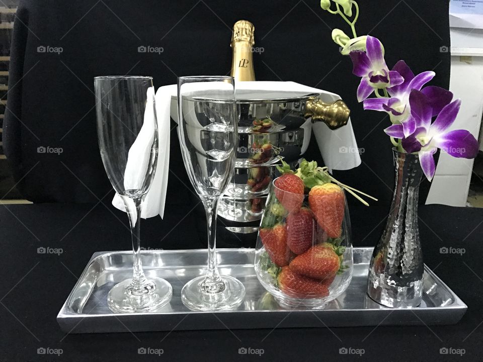 Hotel room champagne and strawberry Amenities 