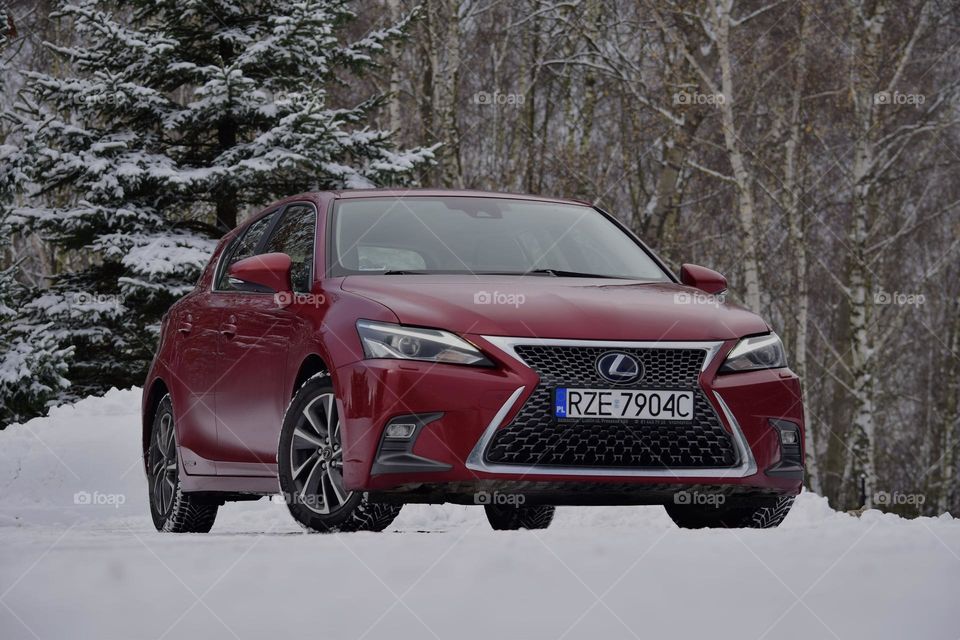 Beautiful red Lexus in a snowy field