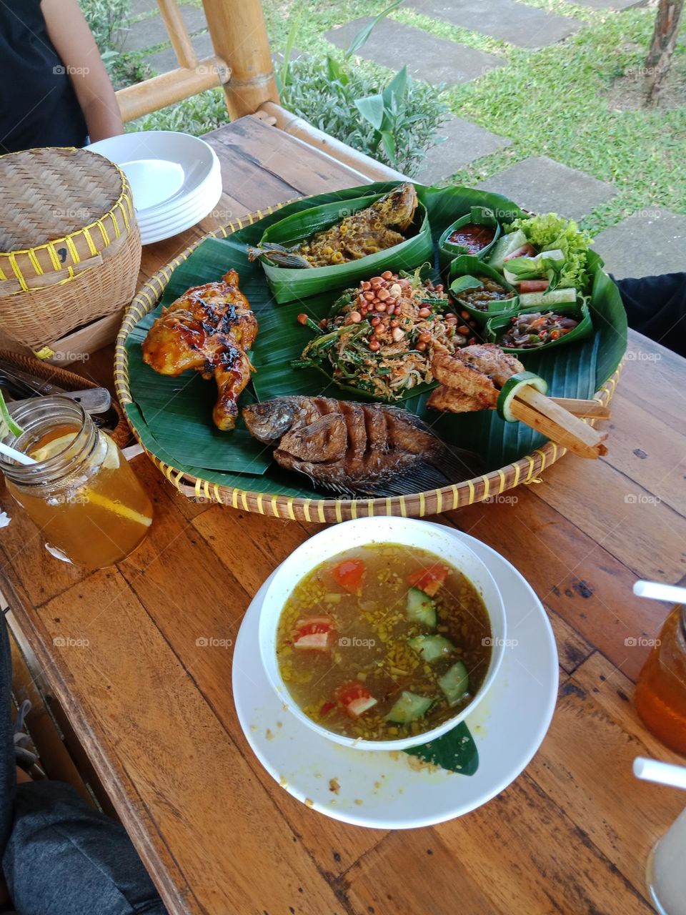 Balinese meal,  grilled fish, chicken,  soup,  sambal