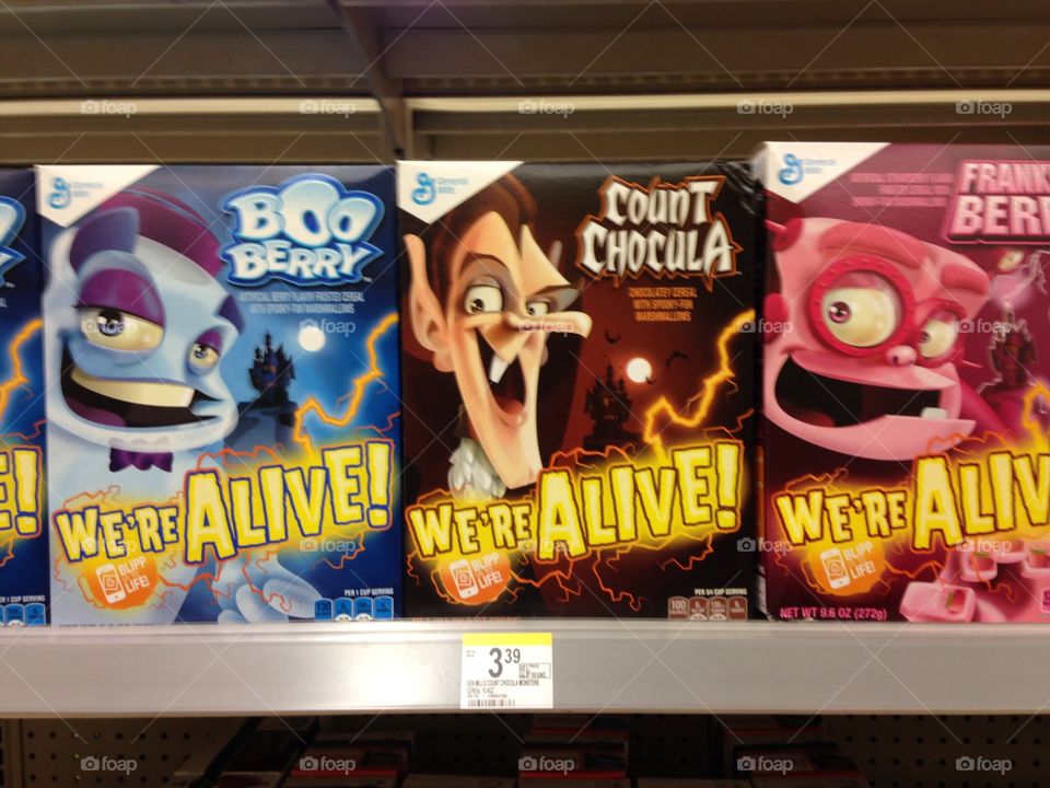 Cereal taken around Halloween. Boo Berry, Count chocolate, and Frankin Berry made by General Mills cereal. 