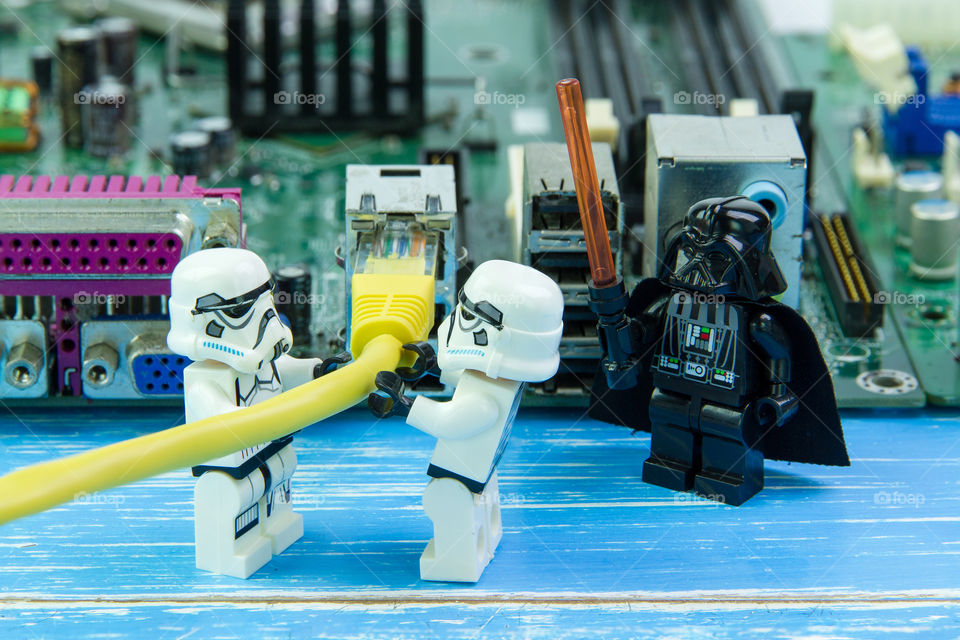 Nonthabure, Thailand - August, 02, 2016: Lego star wars repairing computer motherboard.The lego Star Wars mini figures from movie series.Lego is an interlocking brick system collected around the world.