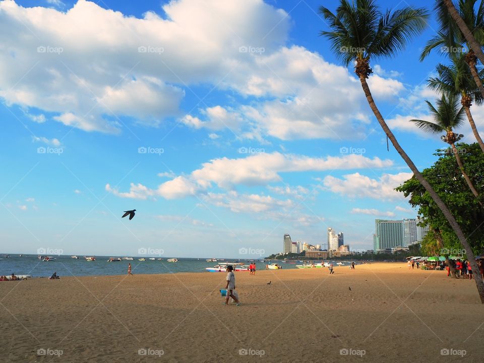 Tropical beach during a partially cloudy sky.