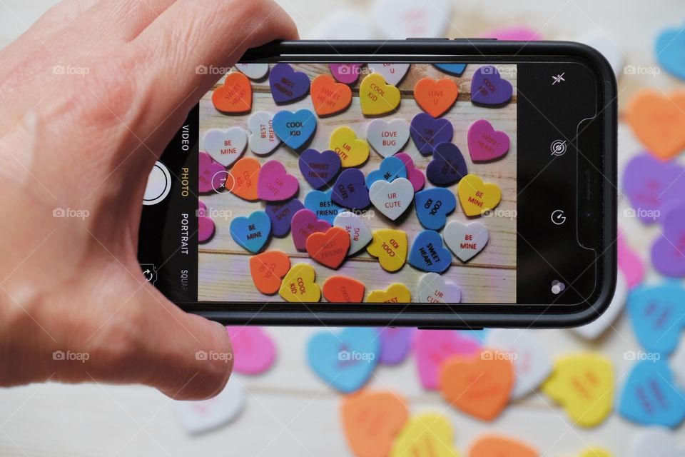 Colorful Hearts, Looking Through An iPhone, Taking A Picture With An iPhone X, Woman Taking A Photo With A Phone