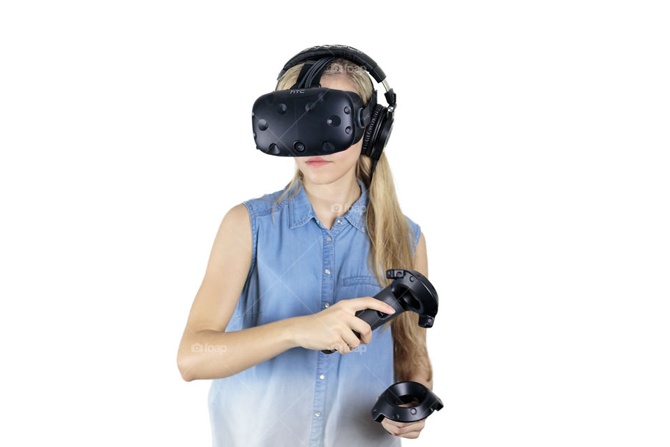 Girl in 3D virtual reality glasses - Virtual Reality Headset - HTC Vive