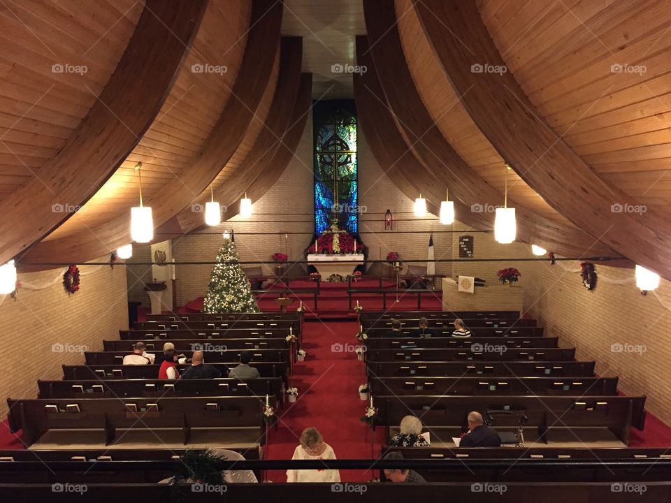 Peace Lutheran Church decorated for Christmas.