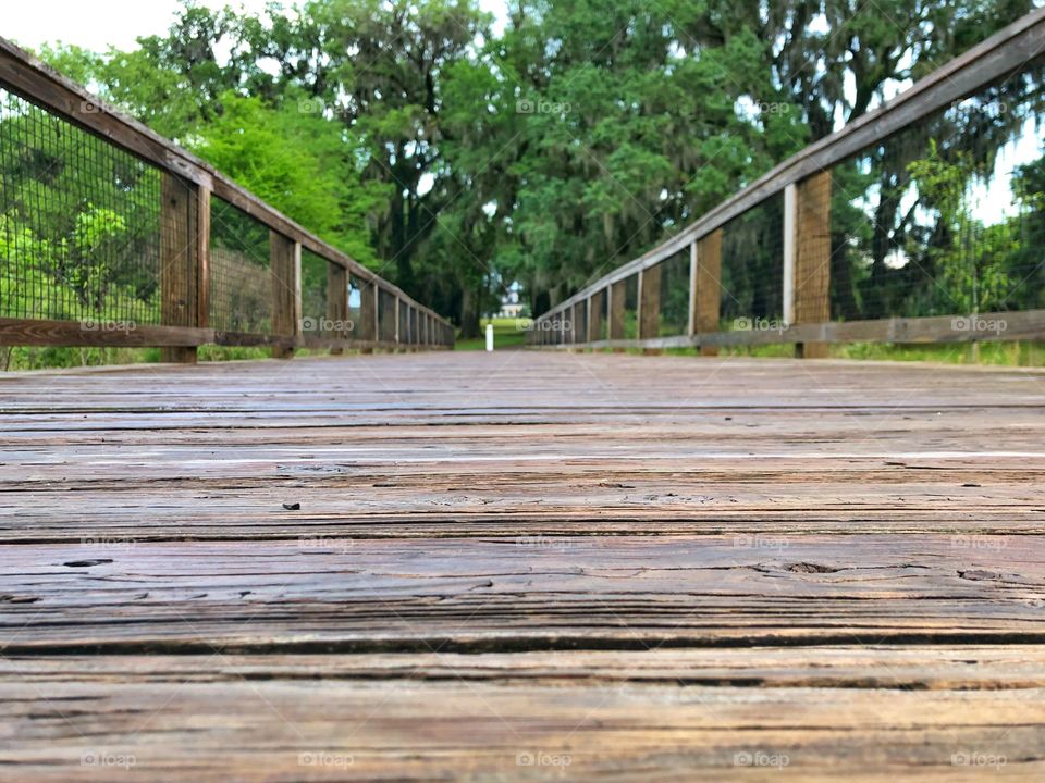 Pedestrian wood bridge over the lake to give access to lake homes