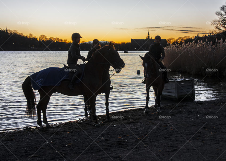 Three girls out horseback riding in the evening sunset enjoying life together and with their horses by the water and beautiful sky