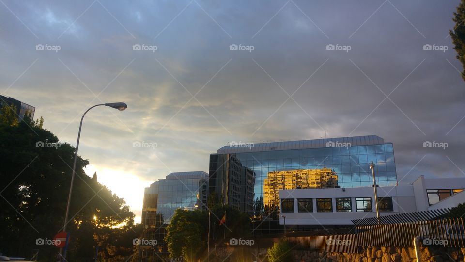 office building exterior at sunset